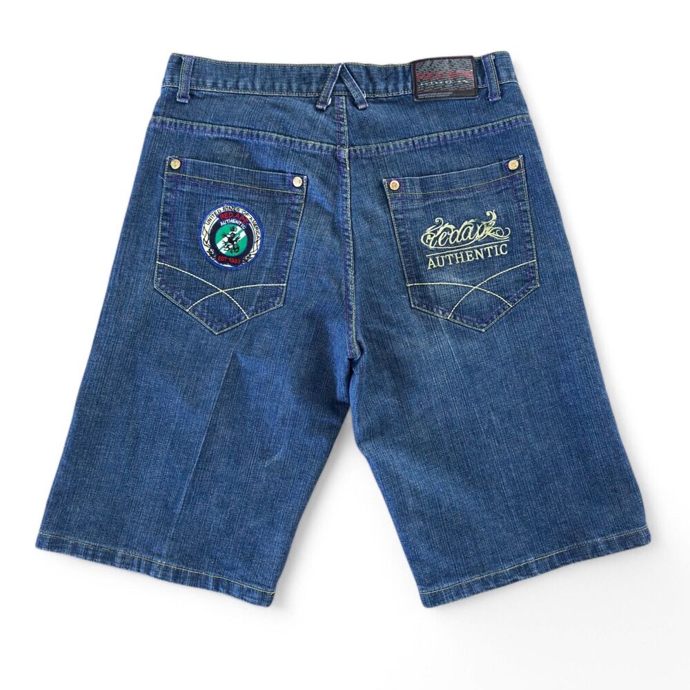 Red Ape Mens Denim Shorts Size 34 Blue Wide Leg Baggy Embroidered Hip Hop Y2K